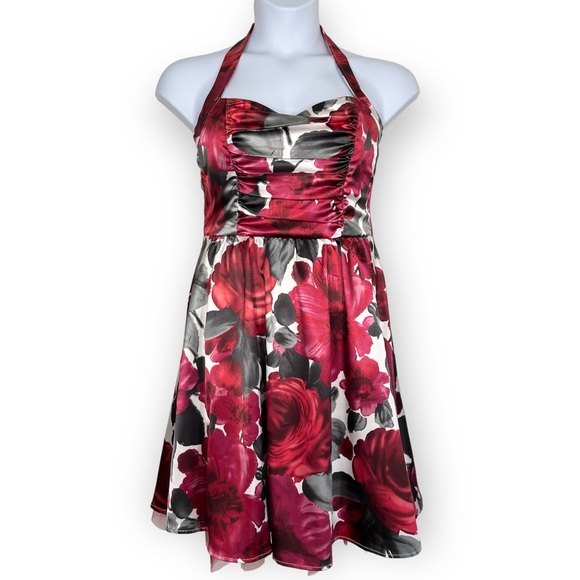 Ruby Rox Formal Floral Fit & Flare Halter Mini Dress Cream Red Gray Size 13 - Picture 12 of 12